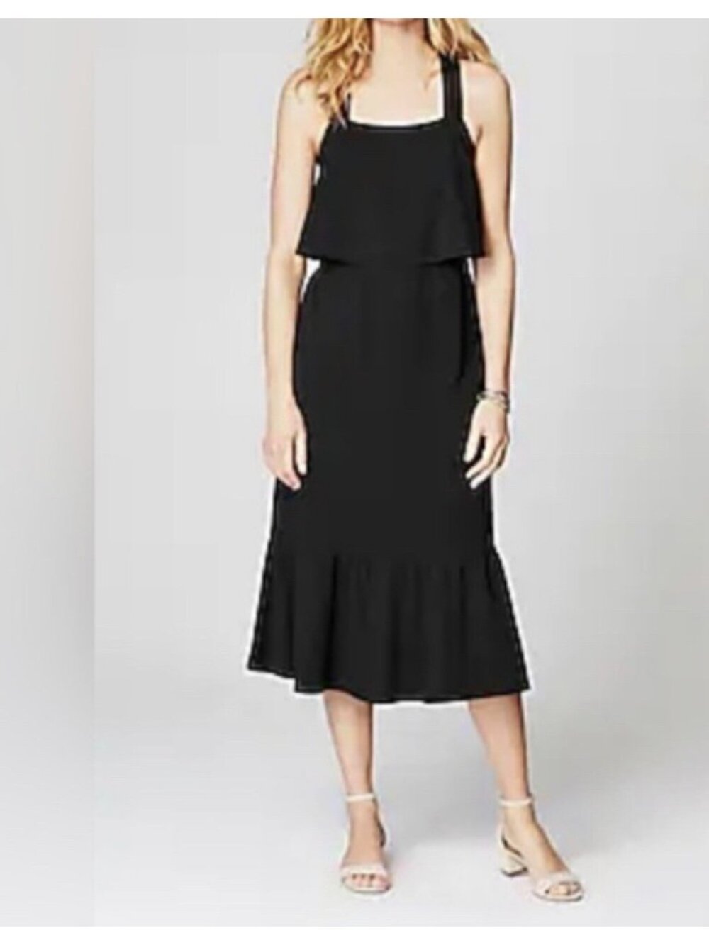 J Jill Women’s Midi Dress Size M Tiered Cross Strap Black Stretch Knit